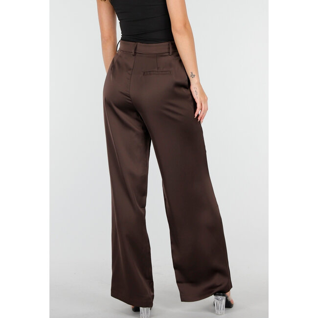 Dunkelbraune Hose mit Satin-Optik, weitem Bein und hoher Taille