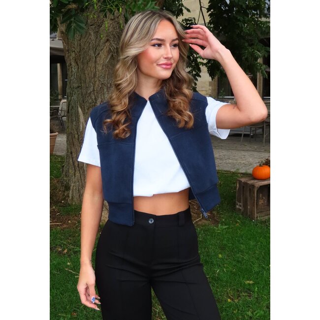 Sleeveless Cardigan in Dark Blue with High Collar