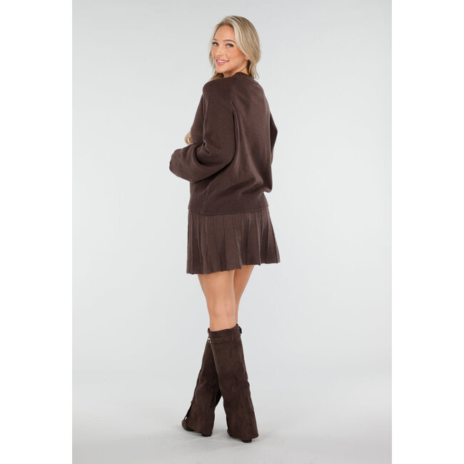 Dunkelbraunes 2-teiliges Strick-Set mit Pullover und Rock