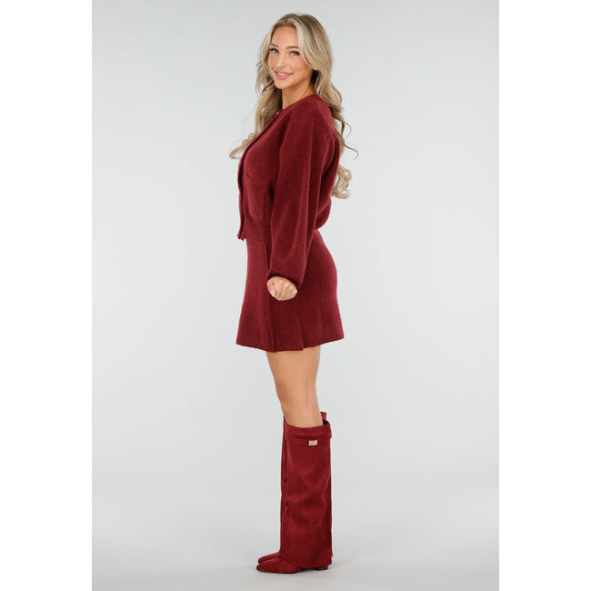 Rotes Strick-2-teiliges Set mit Strickjacke und Rock