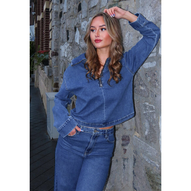 Redial Jeans Denim-Oberteil mit halbem Reißverschluss