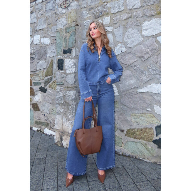 Denim-Oberteil mit halbem Reißverschluss und Stehkragen in Blau