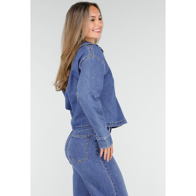 Denim-Oberteil mit halbem Reißverschluss und Stehkragen in Blau