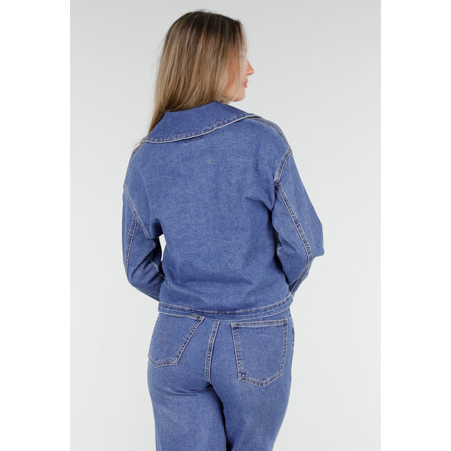 Denim-Oberteil mit halbem Reißverschluss und Stehkragen in Blau