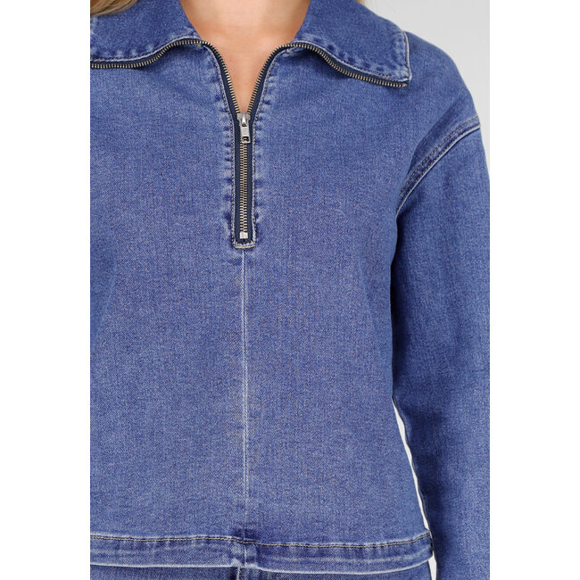 Denim-Oberteil mit halbem Reißverschluss und Stehkragen in Blau