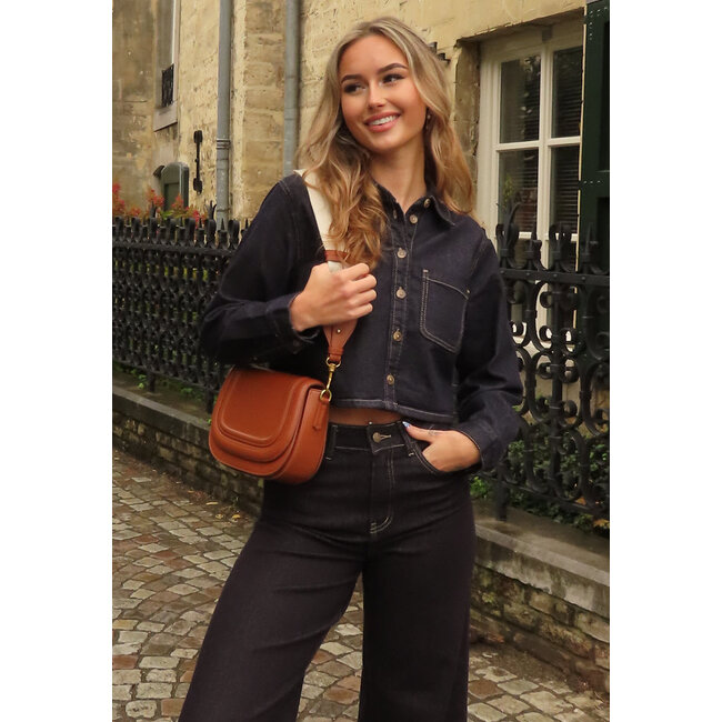 Cropped Denim Bluse in Dunkelblau mit langen Ärmeln