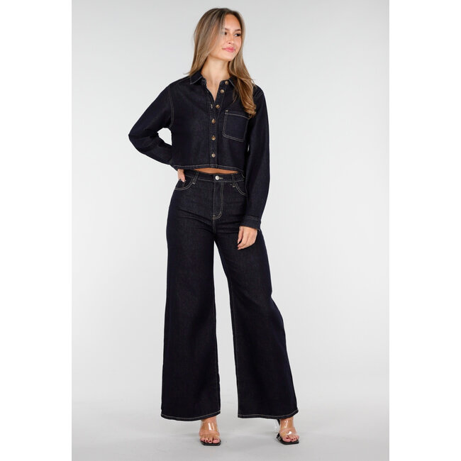 Cropped Denim Bluse in Dunkelblau mit langen Ärmeln