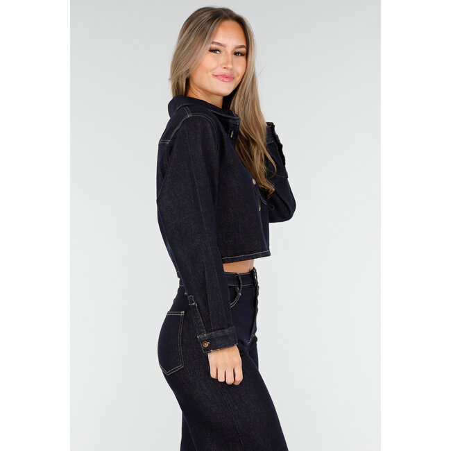 Cropped Denim Bluse in Dunkelblau mit langen Ärmeln