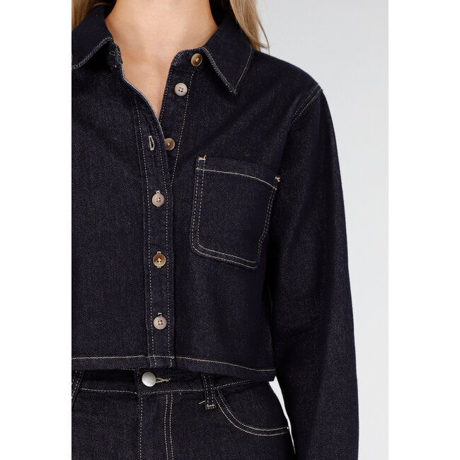 Cropped Denim Bluse in Dunkelblau mit langen Ärmeln