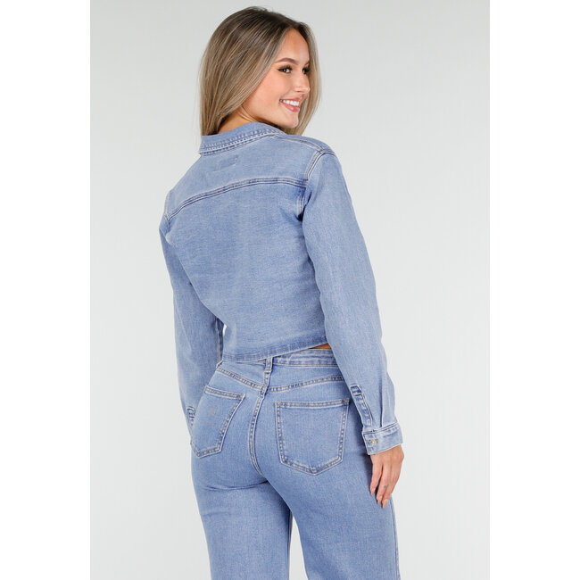 Cropped Denim Bluse in Hellblau mit langen Ärmeln