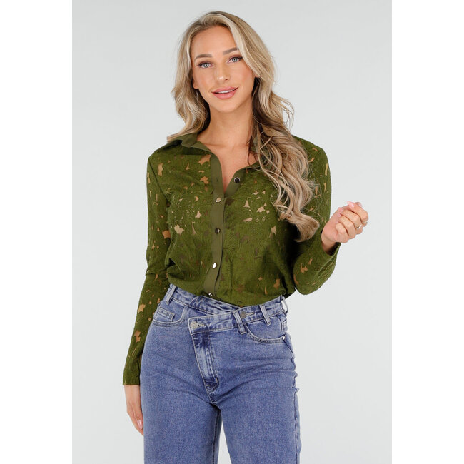 Grüne Spitzenbluse mit langen Ärmeln und Knopfverschluss