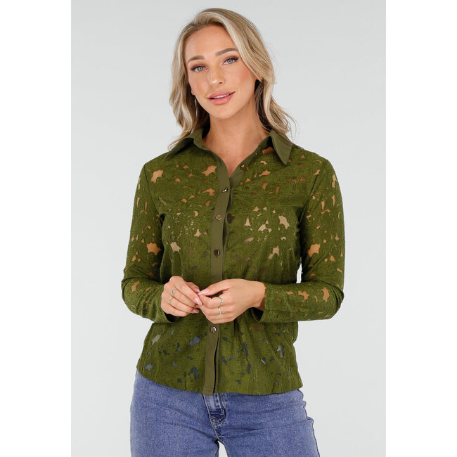 Grüne Spitzenbluse mit langen Ärmeln und Knopfverschluss