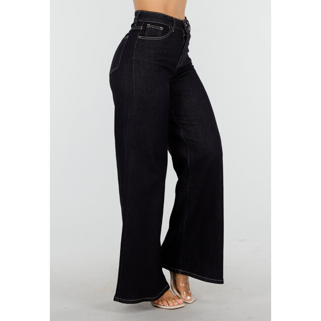 Dunkelblaue Flared Jeans mit hoher Taille und kontrastierenden Nähten