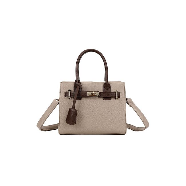 Beige Handtasche mit dunkelbraunen Details und Schulterriemen