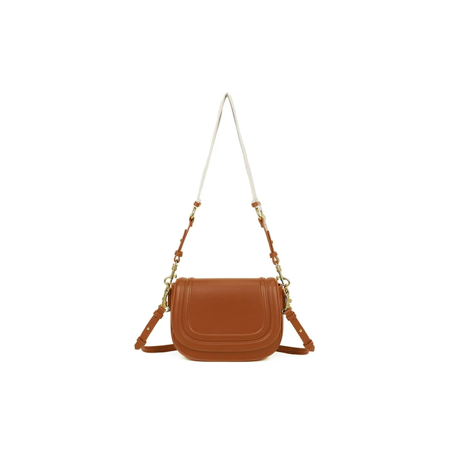 Braune Umhängetasche mit breitem Schulterriemen und goldenen Akzenten