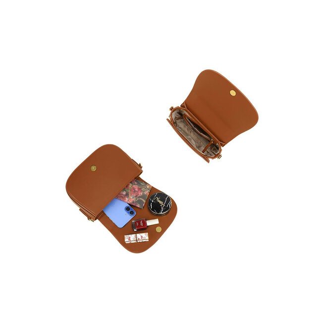 Braune Umhängetasche mit breitem Schulterriemen und goldenen Akzenten