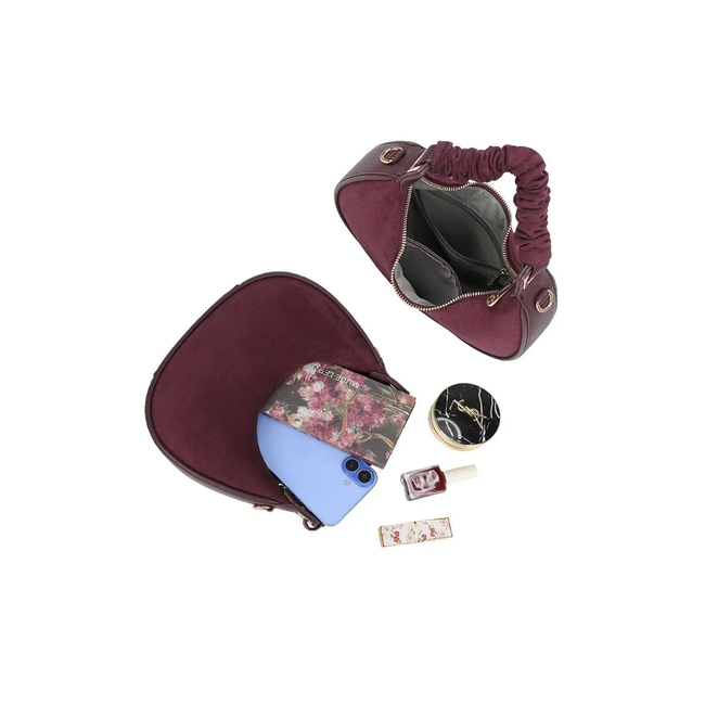 Bordeauxrote Handtasche im Wildleder-Look mit Halbmondform und abnehmbarem Schulterriemen