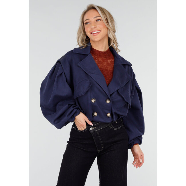 Navy Kurzer Wildledertrenchcoat mit Puffärmeln