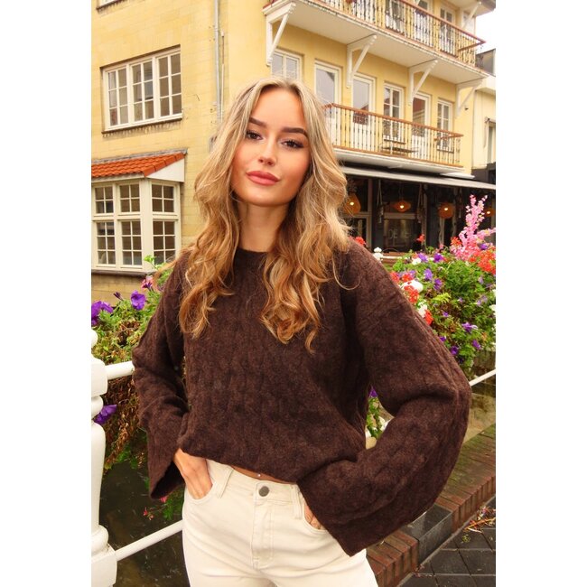 Brauner Stretch-Zopfpullover