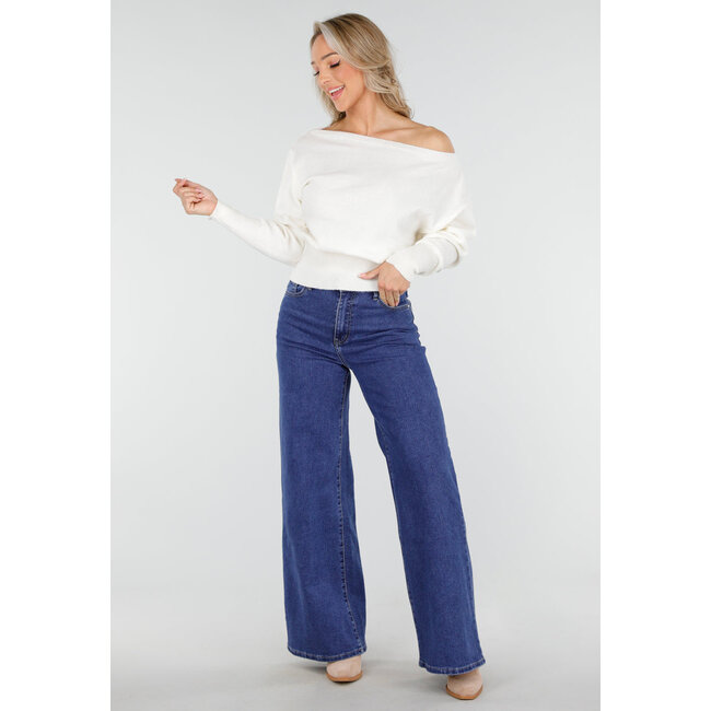 Weißer One-Shoulder-Pullover mit langen Ärmeln und Stretch