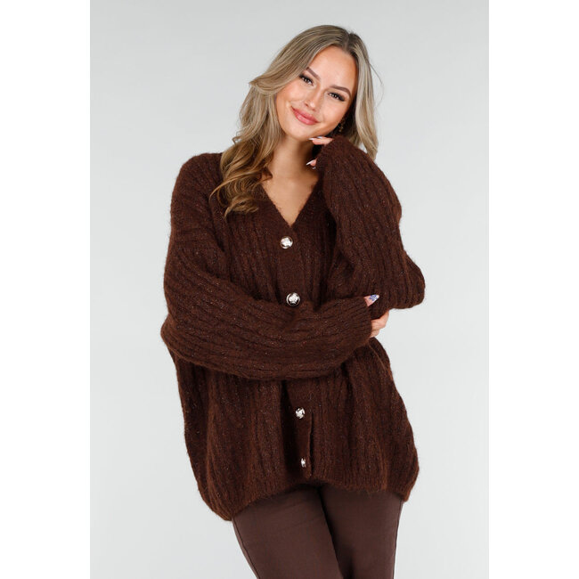 Gestrickte braune Strickjacke mit Lurex und goldfarbenen Knöpfen