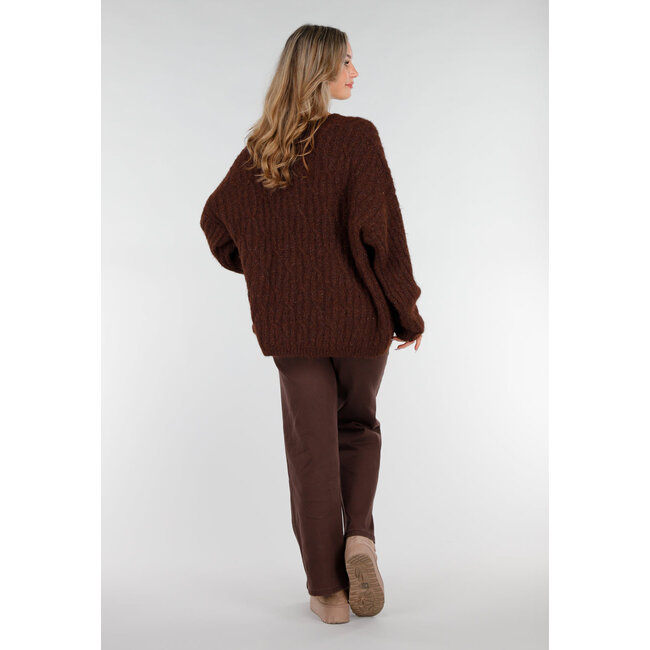 Gestrickte braune Strickjacke mit Lurex und goldfarbenen Knöpfen