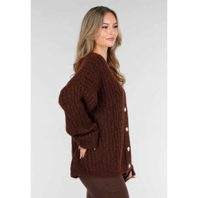 Gestrickte braune Strickjacke mit Lurex und goldfarbenen Knöpfen