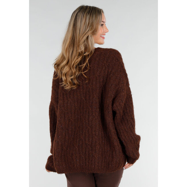 Gestrickte braune Strickjacke mit Lurex und goldfarbenen Knöpfen