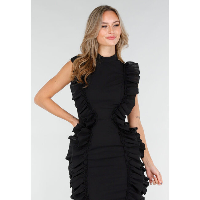 Schwarzes, ärmelloses Rüschenkleid mit Stretchanteil