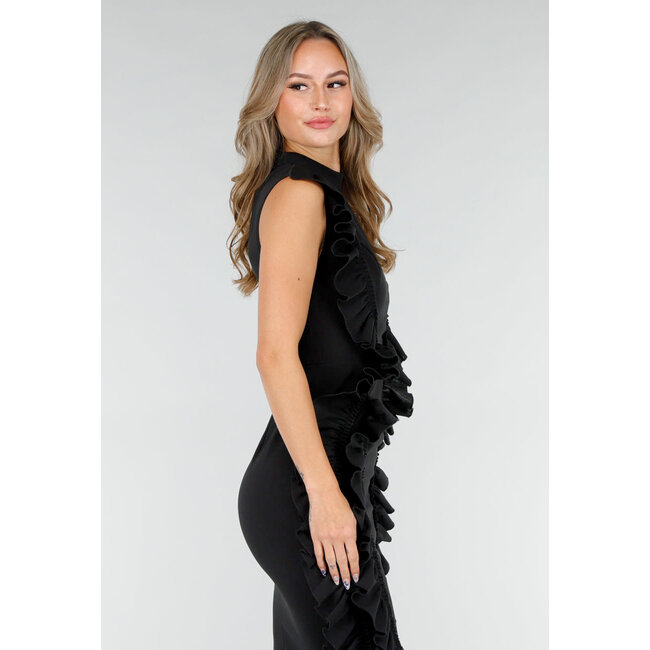 Schwarzes, ärmelloses Rüschenkleid mit Stretchanteil