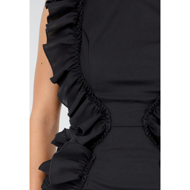 Schwarzes, ärmelloses Rüschenkleid mit Stretchanteil