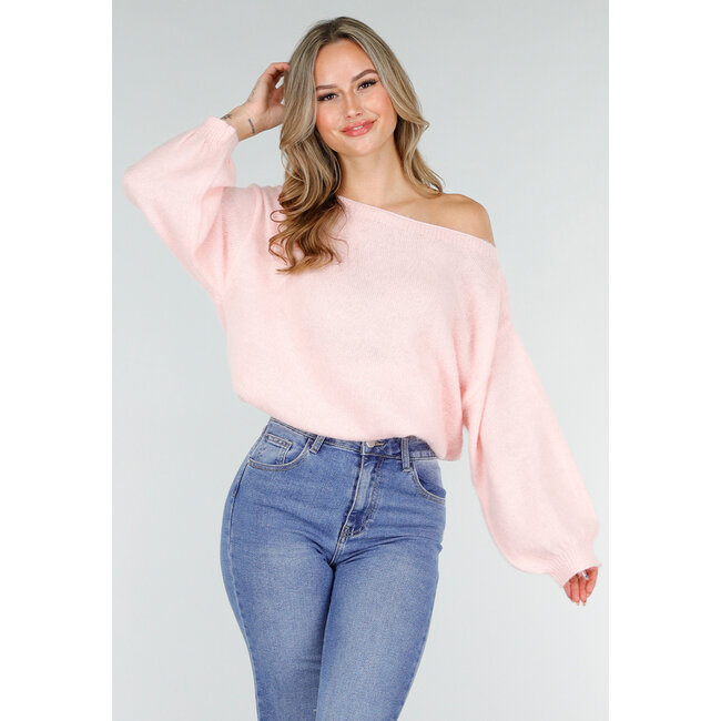 Rosa One-Shoulder-Pullover mit weiten Ärmeln aus weichem Stoff