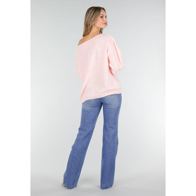 Rosa Off-Shoulder-Pullover mit weiten Ärmeln aus weichem Stoff