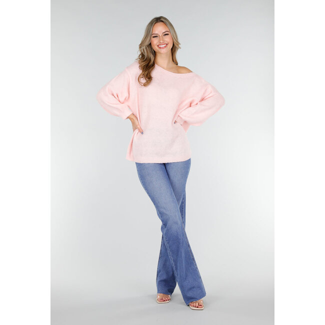 Rosa Off-Shoulder-Pullover mit weiten Ärmeln aus weichem Stoff