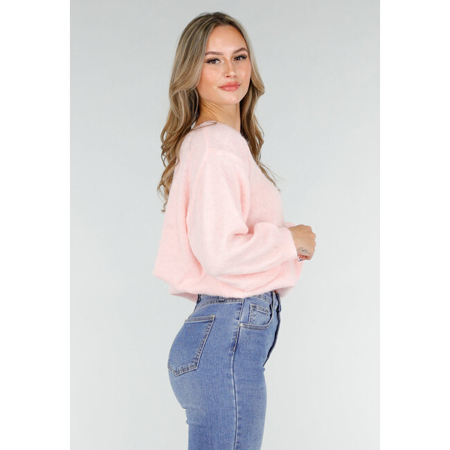 Rosa Off-Shoulder-Pullover mit weiten Ärmeln aus weichem Stoff