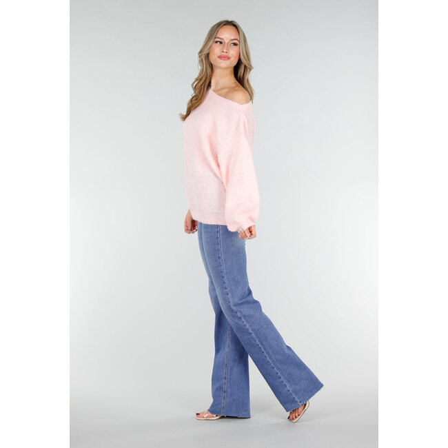 Rosa One-Shoulder-Pullover mit weiten Ärmeln aus weichem Stoff