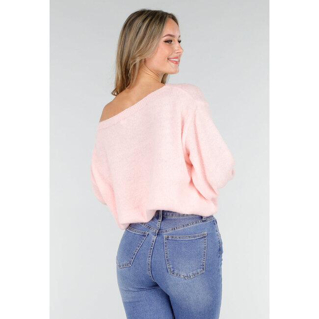 Rosa Off-Shoulder-Pullover mit weiten Ärmeln aus weichem Stoff