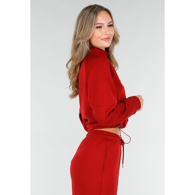 Bordeauxroter, verkürzter Lounge-Pullover mit halbem Reißverschluss und hohem Kragen