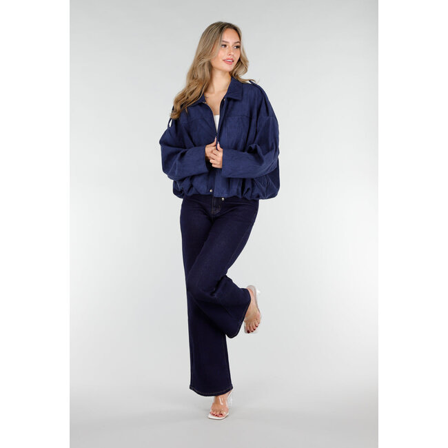 Dark Blue Suede Look Jacket with Zip and Button Closure