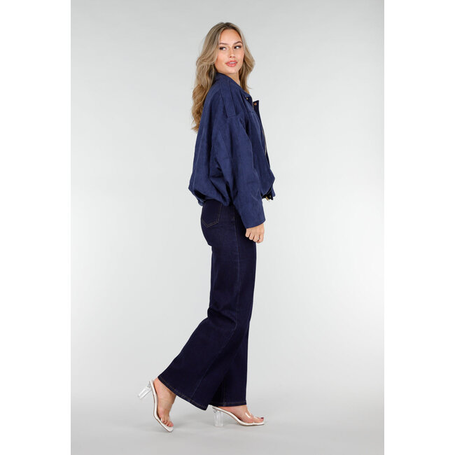 Dark Blue Suede Look Jacket with Zip and Button Closure