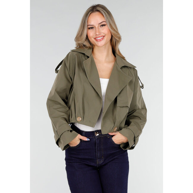 Cropped Trenchcoat Olivgrün mit breitem Revers und doppelter Knopfleiste
