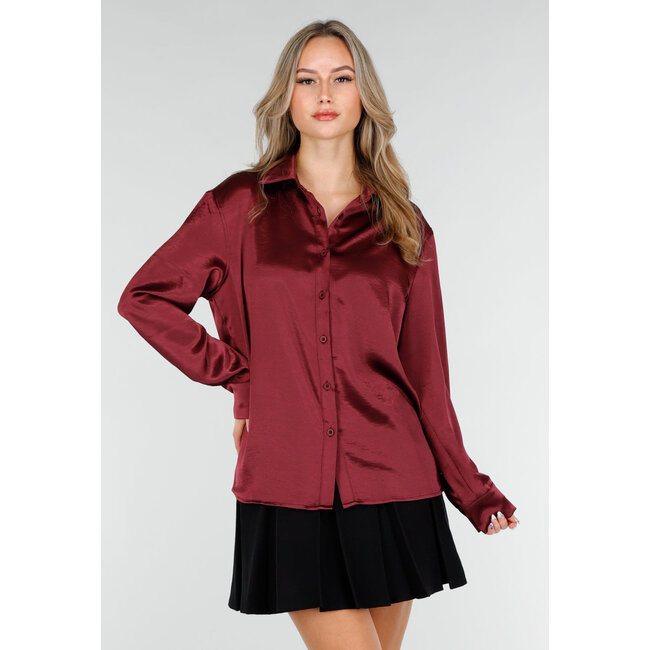 Bordeaux Satin-Look Bluse mit langen Ärmeln und Knopfleiste