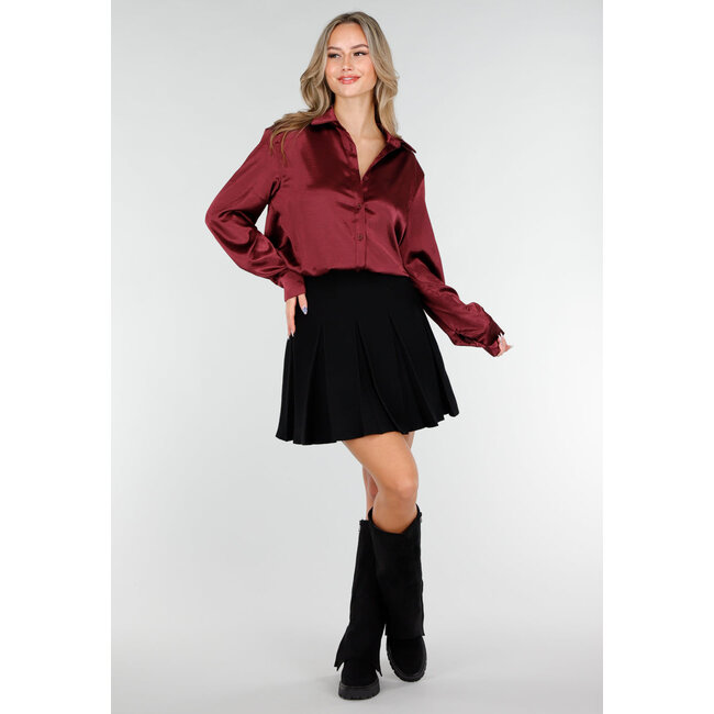 Bordeaux Satin-Look Bluse mit langen Ärmeln und Knopfleiste