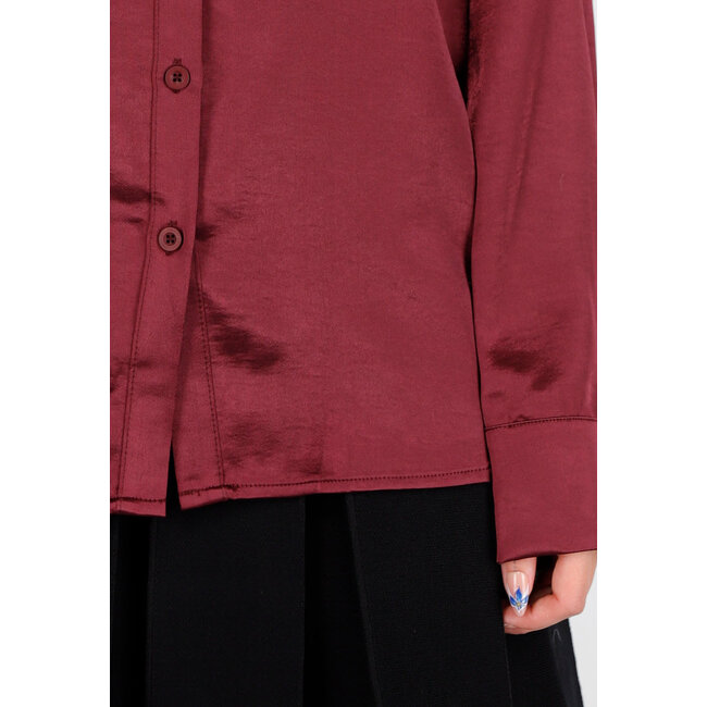 Bordeaux Satin-Look Bluse mit langen Ärmeln und Knopfleiste