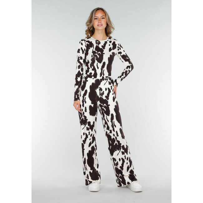 Brauner und weißer Stretch-Body mit Kuh-Print und langen Ärmeln