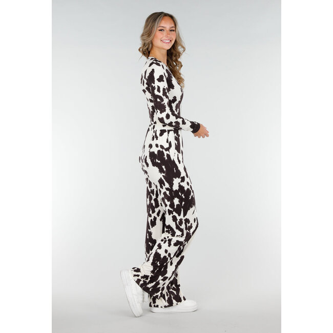 Brauner und weißer Stretch-Body mit Kuh-Print und langen Ärmeln