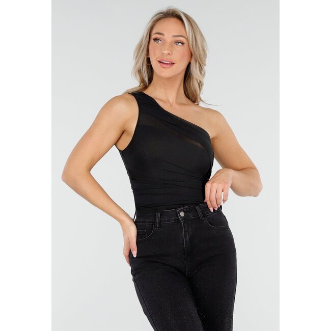 Schwarzer One-Shoulder-Body mit Drapierung aus Mesh-Stretch