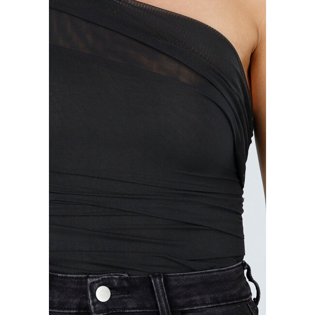 Schwarzer One-Shoulder-Body mit Drapierung aus Mesh-Stretch