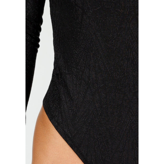Schwarzer Glitzer-Body mit Aufdruck
