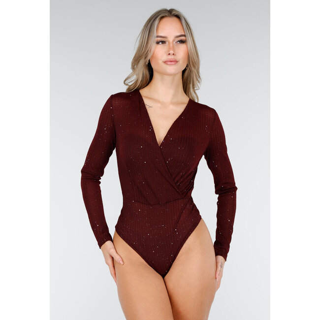 Bordeauxroter Glitzer-Body mit V-Ausschnitt und langen Ärmeln